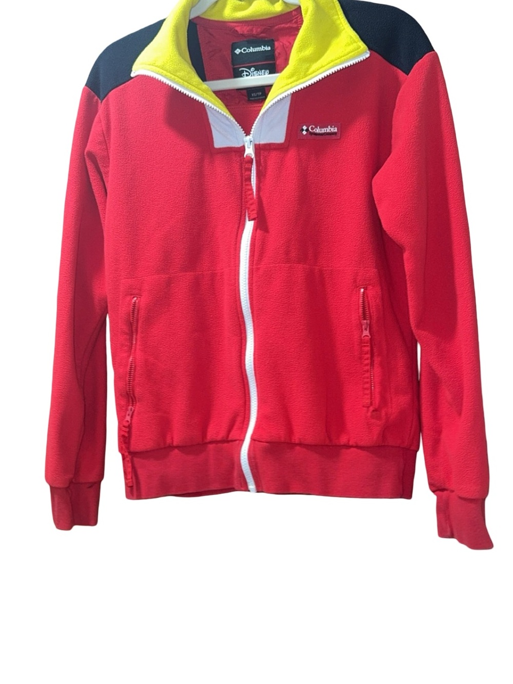 Disney/columbia Red Fleece Zip Hoodie with Yellow Lining and Black Shoulders